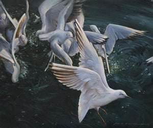 Breakfast (A Flock in Flight) by Amit Dhane, Original Oil Animal Painting on Canvas, Medium Horizontal Wall Art