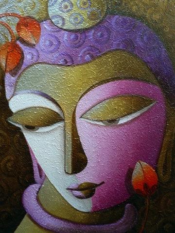 Religious acrylic painting titled 'Buddha 1', 14x12 inches, by artist Dhananjay Mukherjee on Canvas