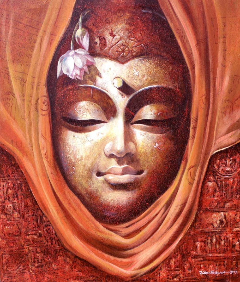 Figurative acrylic painting titled 'Buddha 1', 30x36 inches, by artist Jiban Biswas on Canvas