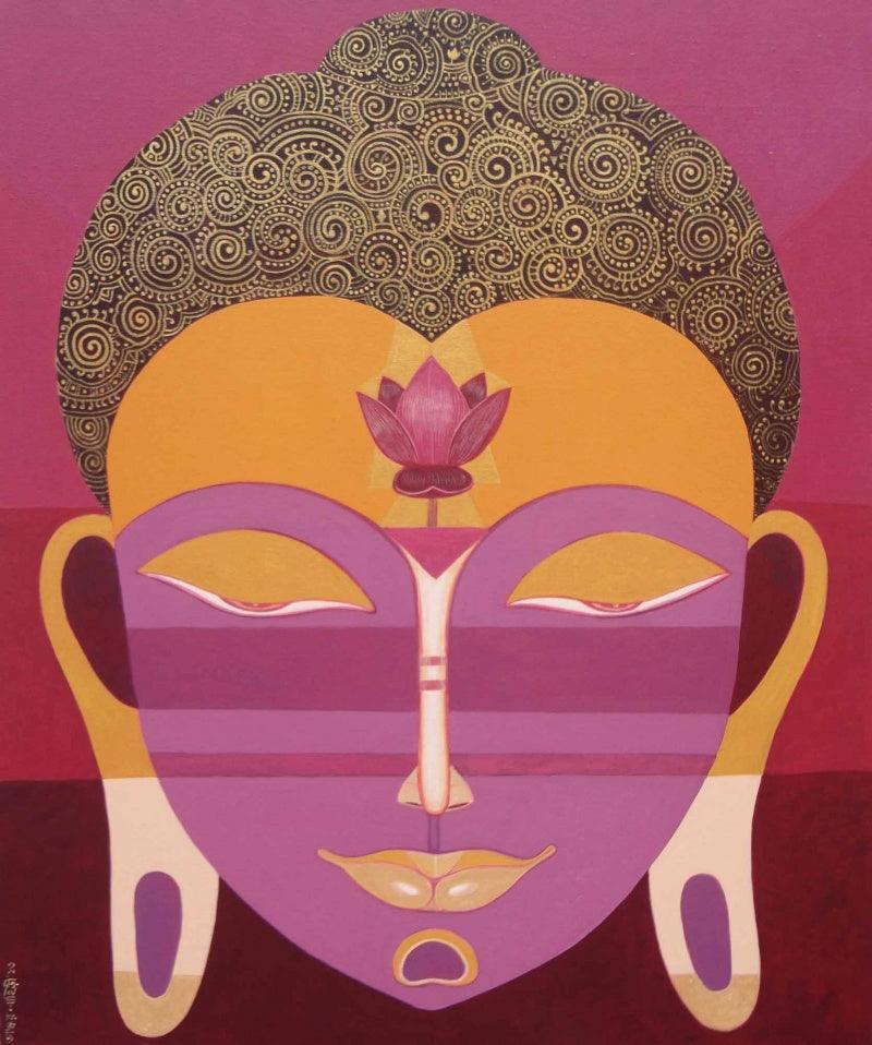 Religious acrylic painting titled 'Buddha 2', 40x33 inches, by artist Bhaskar Lahiri on Canvas
