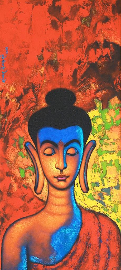 Religious acrylic painting titled 'Buddha 2', 48x22 inches, by artist Shankar Devarukhe on Canvas