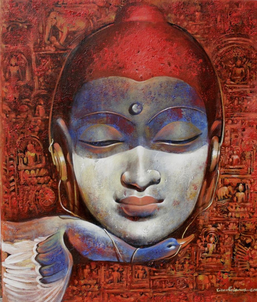 Figurative acrylic painting titled 'Buddha 2', 30x36 inches, by artist Jiban Biswas on Canvas