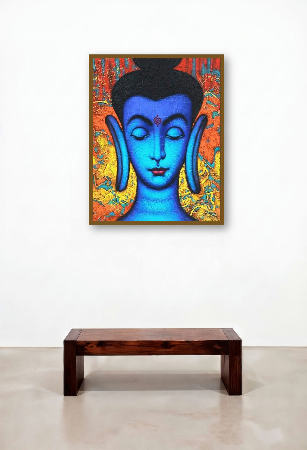 Buddha 2 (Buddha's Blue Serenity) by artist Shankar Devarukhe displayed in a Contemporary Lounge