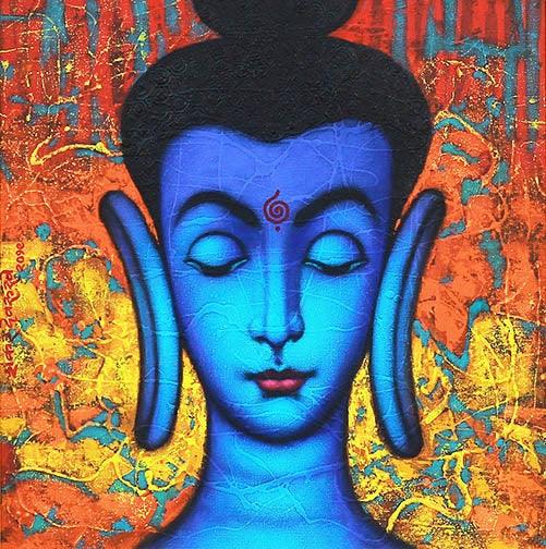 Religious acrylic painting titled 'Buddha 2', 22x22 inches, by artist Shankar Devarukhe on Canvas
