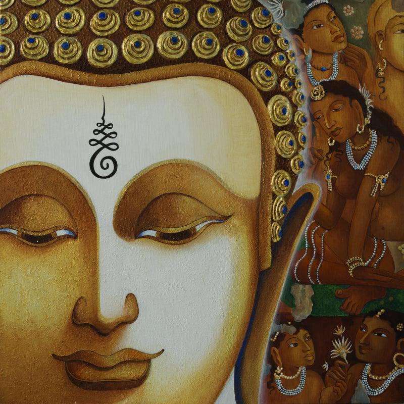 Religious acrylic painting titled 'Buddha 3', 30x30 inches, by artist Chandrakant Tajbije on Canvas
