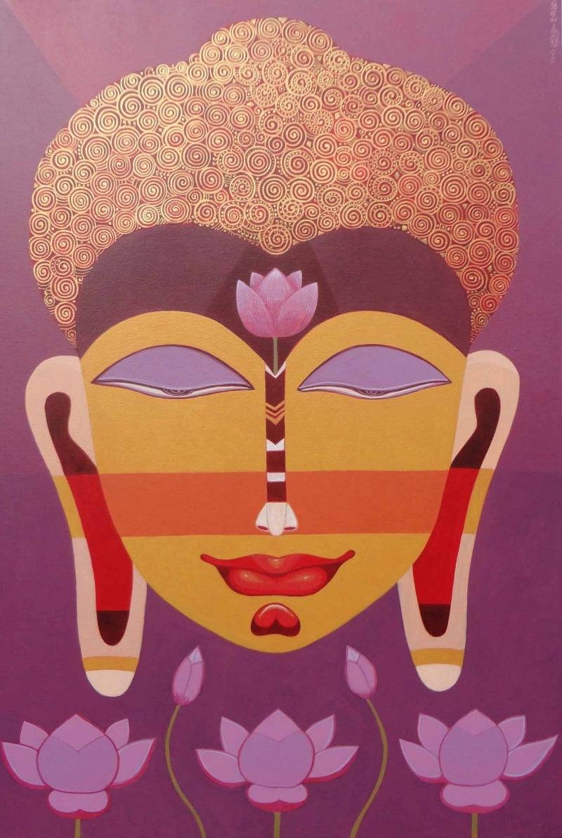 Religious acrylic painting titled 'Buddha 3', 48x33 inches, by artist Bhaskar Lahiri on Canvas