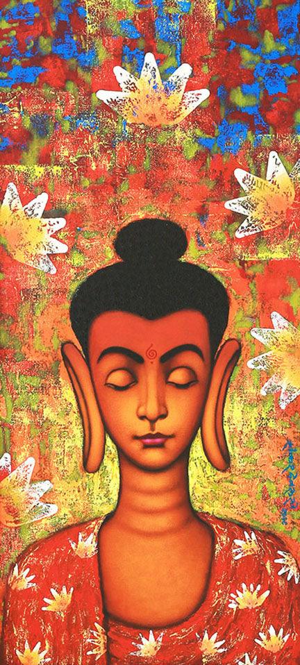 Religious acrylic painting titled 'Buddha 3', 48x22 inches, by artist Shankar Devarukhe on Canvas
