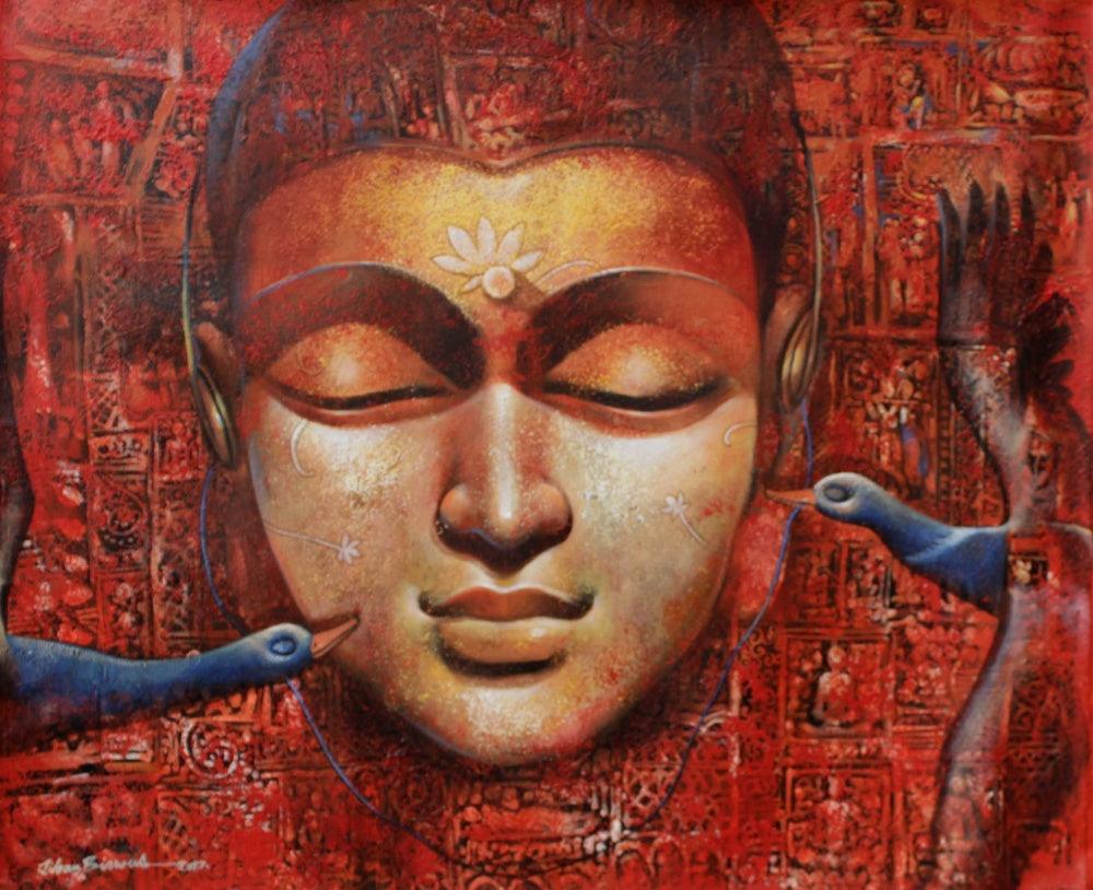 Figurative acrylic painting titled 'Buddha 3', 30x36 inches, by artist Jiban Biswas on Canvas