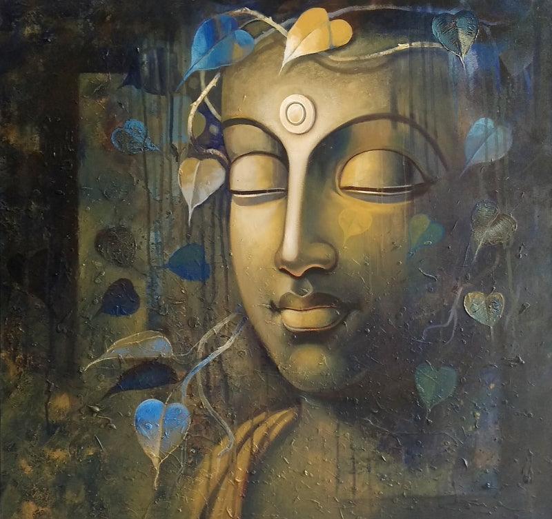 Religious acrylic painting titled 'Buddha 5', 30x30 inches, by artist Sanjay Lokhande on Canvas