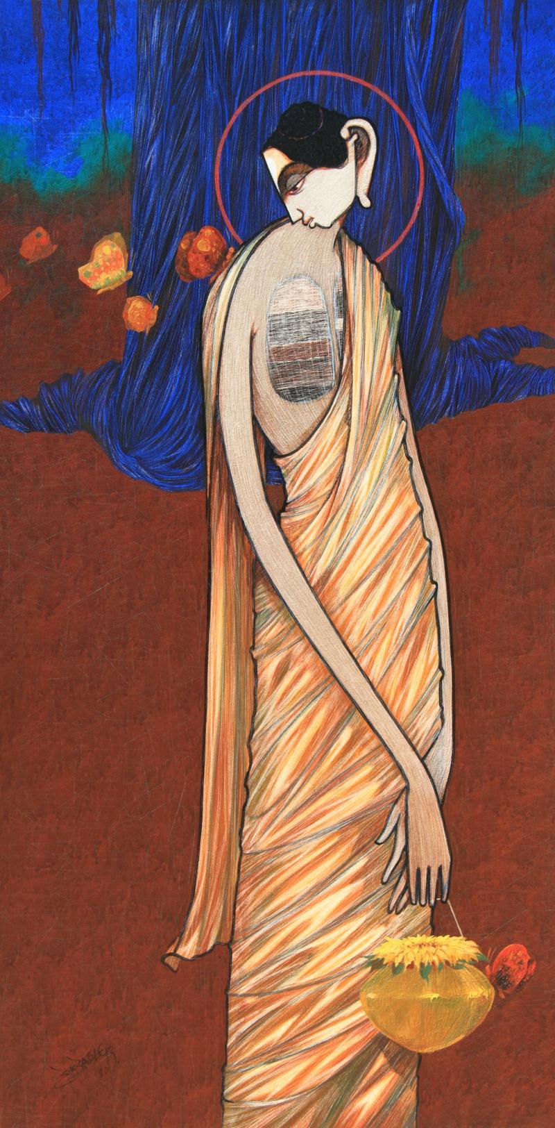 Figurative acrylic painting titled 'Buddha 6', 48x24 inches, by artist Sanjay Sable on Canvas