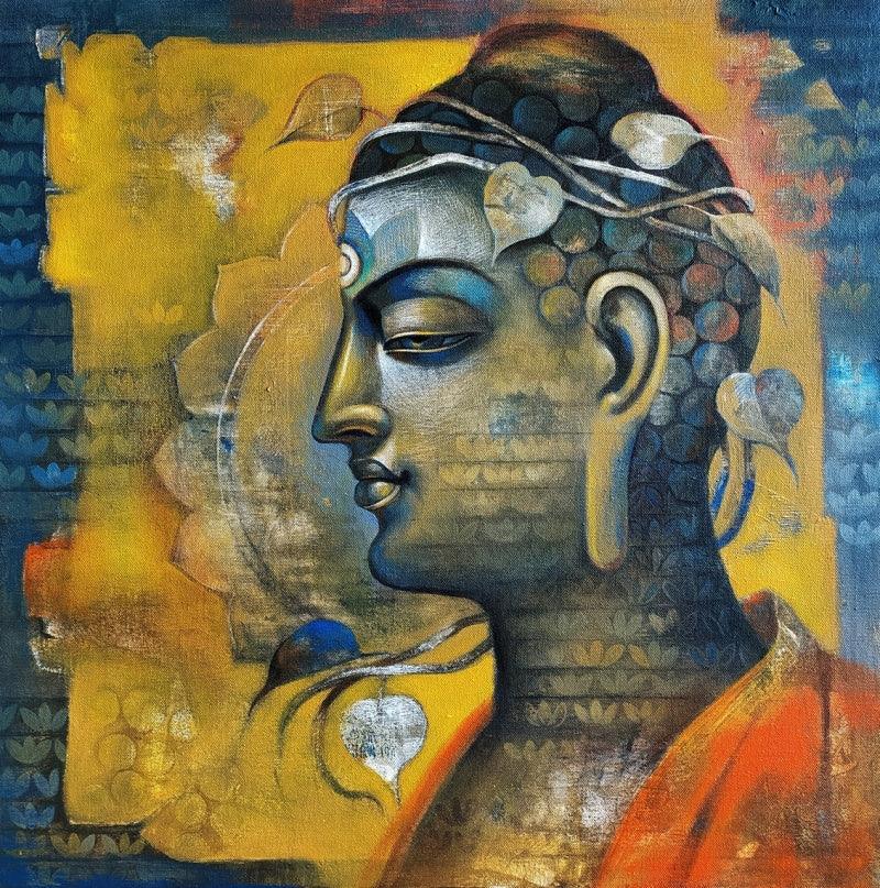 Religious acrylic painting titled 'Buddha 8', 30x30 inches, by artist Sanjay Lokhande on Canvas