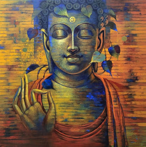 Religious acrylic painting titled 'Buddha 9', 48x48 inches, by artist Sanjay Lokhande on Canvas