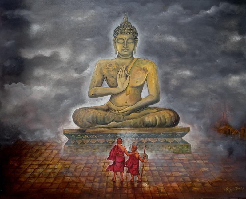Religious acrylic painting titled 'Buddha And Monk', 48x60 inches, by artist Arjun Das on Canvas