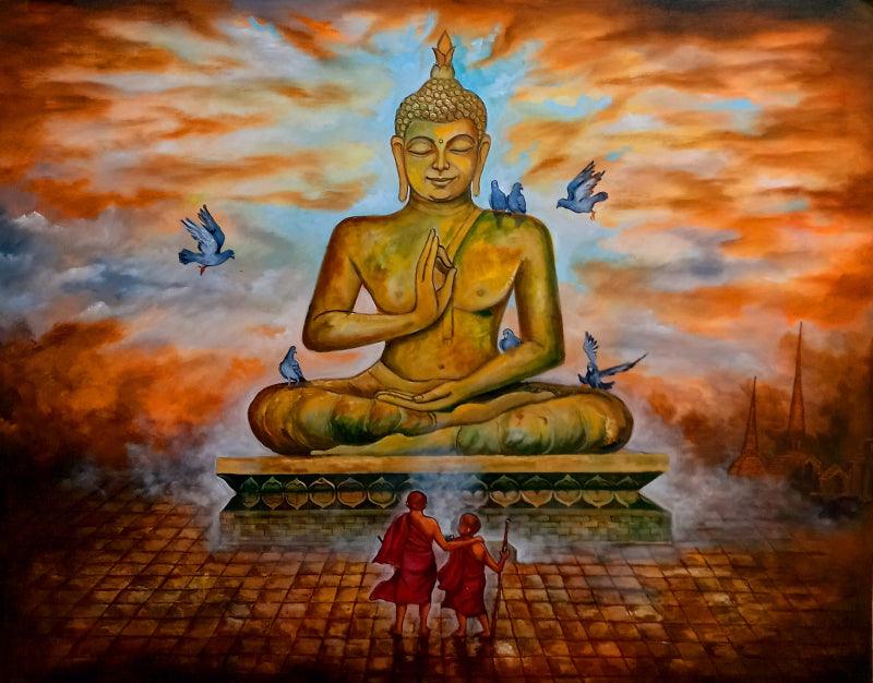 Religious acrylic painting titled 'Buddha And Monk Child', 48x60 inches, by artist Arjun Das on Canvas