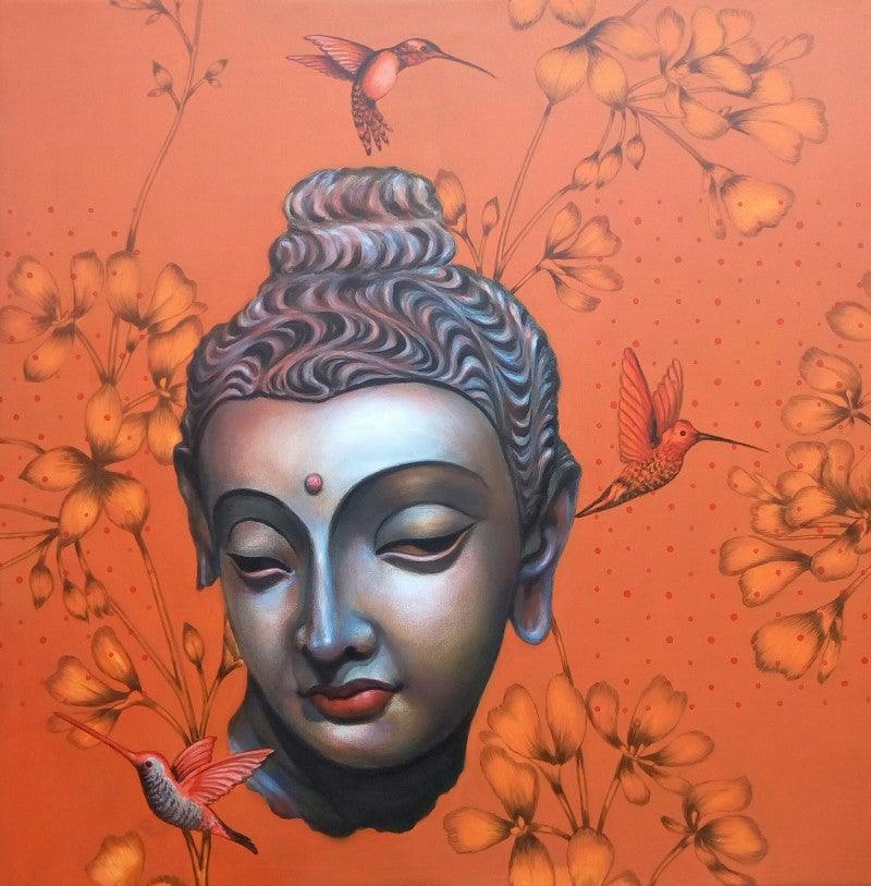 Religious acrylic painting titled 'Buddha', 48x48 inches, by artist Sujit Karmakar on Canvas