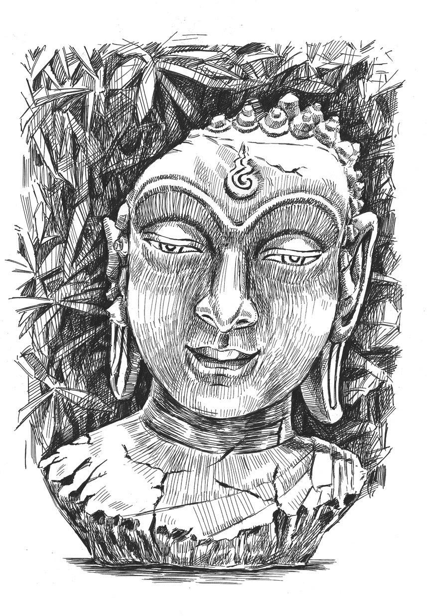 Figurative pen ink drawing titled 'Buddha', 15x11 inches, by artist Prashantarts on paper