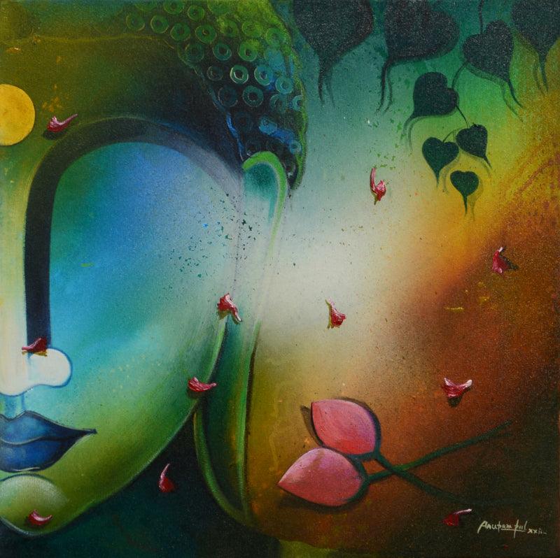 Religious acrylic painting titled 'Buddha', 24x24 inches, by artist Anupam Pal on canvas