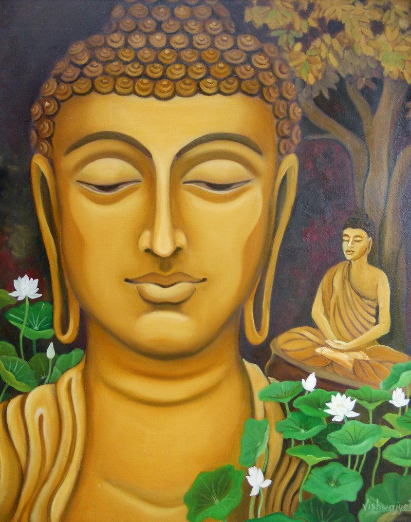 Religious oil painting titled 'Buddha', 30x25 inches, by artist Vishwajyoti Mohrhoff on Canvas