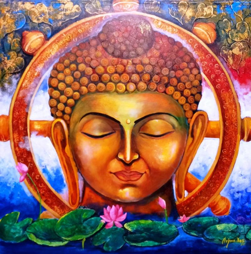 Religious acrylic painting titled 'Buddha', 36x36 inches, by artist Arjun Das on Canvas