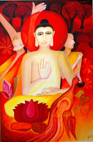 Figurative acrylic painting titled 'Buddha', 36x24 inches, by artist Shuchi Khanna on Canvas