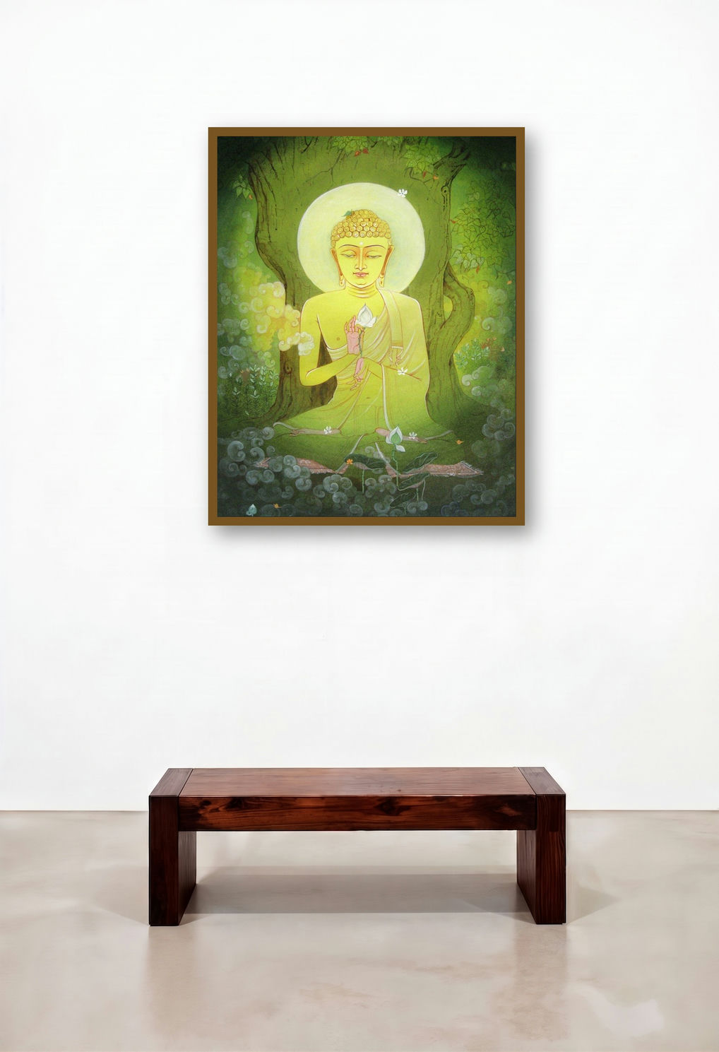 Buddha by artist Rina Roy displayed in a Rustic Living Room
