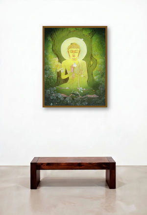 Buddha by artist Rina Roy displayed in a Rustic Living Room