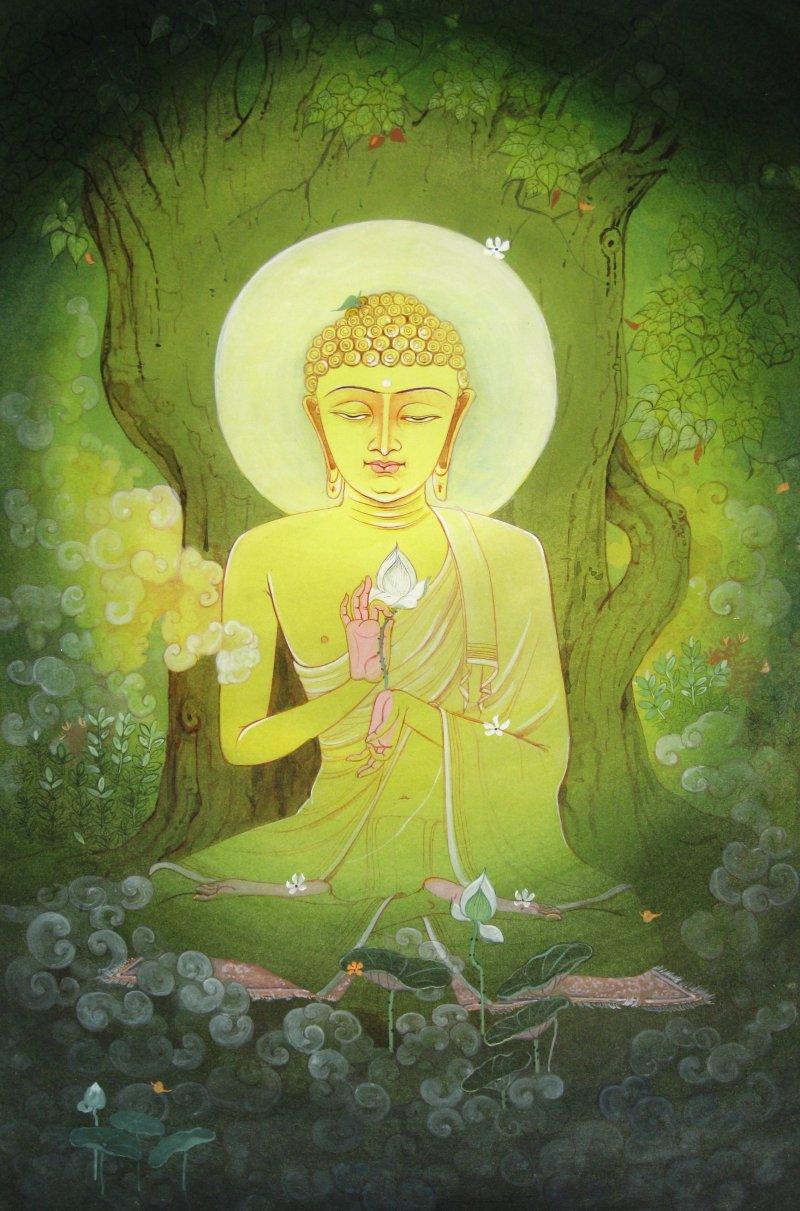 Figurative watercolor painting titled 'Buddha', 27x17 inches, by artist Rina Roy on Paper