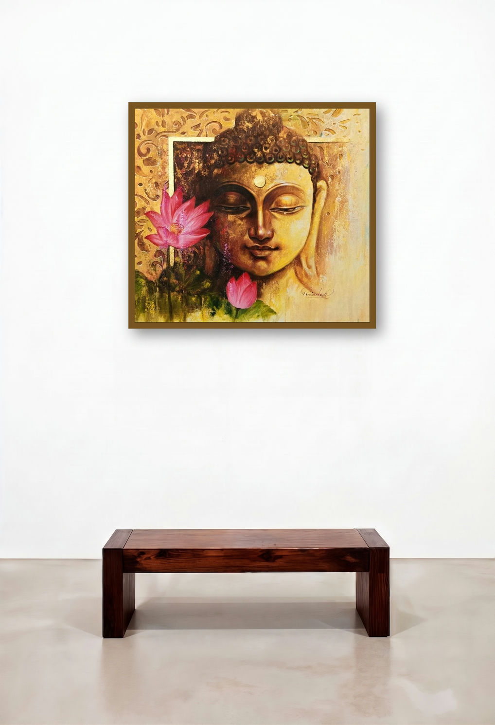 Buddha (The Enlightened One Buddha and the Lotus) by artist Pradeep Kumar displayed in a Mid-Century Modern Family Room