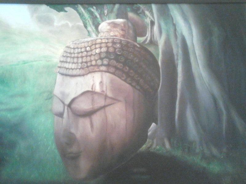 Religious oil painting titled 'Buddha', 36x24 inches, by artist Seema Jain on Canvas Board