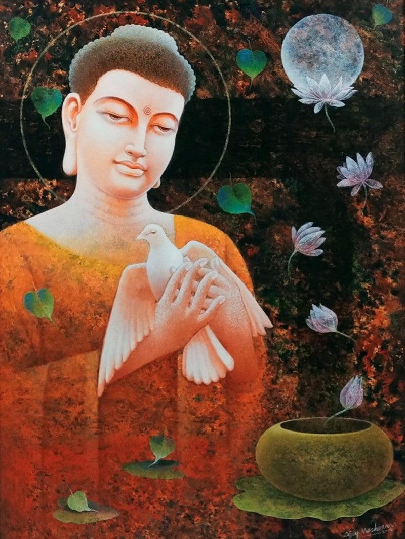 Religious acrylic painting titled 'Buddha', 48x36 inches, by artist Ajay Meshram on Canvas Board