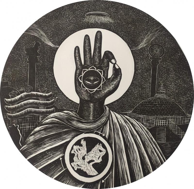 contemporary printmaking titled 'Buddha', 30x30 inches, by artist Prashant Kuwar on Wood Cut