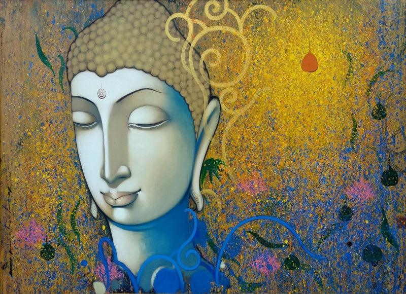 Religious acrylic painting titled 'Buddha', 42x60 inches, by artist Anand Panchal on Canvas