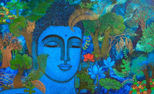 Buddha (Buddha in Nature) by Mamta Mondkar, Original Acrylic Religious Painting on Canvas, Large Horizontal Wall Art