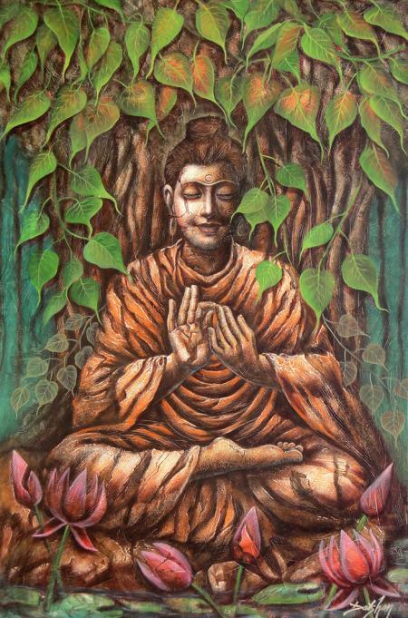 Motivational oil painting titled 'Buddha', 48x72 inches, by artist Darshan Sharma on Canvas
