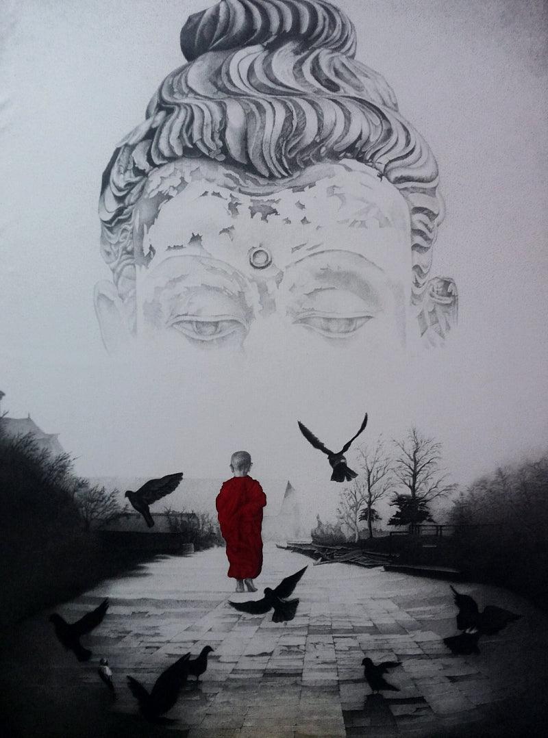 Religious pen ink drawing titled 'Buddha', 48x36 inches, by artist Dhananjay Thakur on Canvas