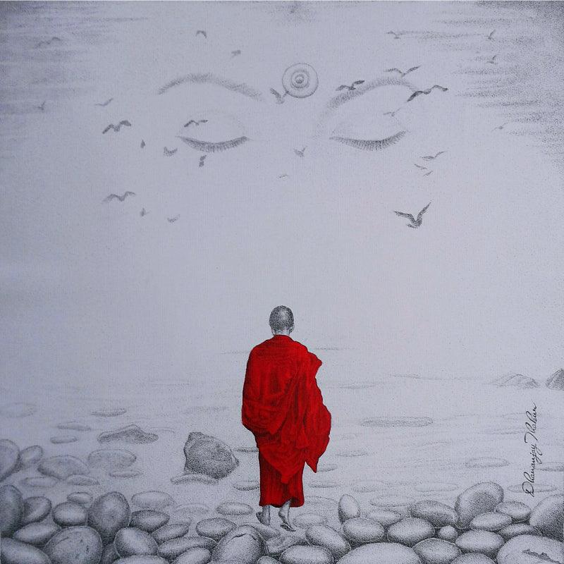 Religious pen ink drawing titled 'Buddha', 24x24 inches, by artist Dhananjay Thakur on Canvas