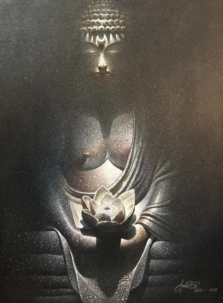 Religious oil painting titled 'Buddha', 32x24 inches, by artist Amit Bhar on Canvas