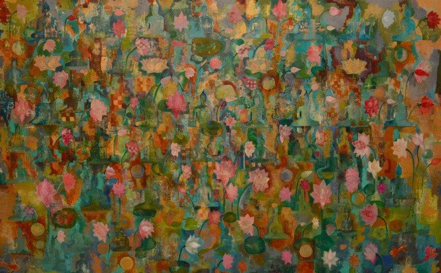 Religious acrylic painting titled 'Buddha', 60x84 inches, by artist Sunayana Malhotra on Canvas