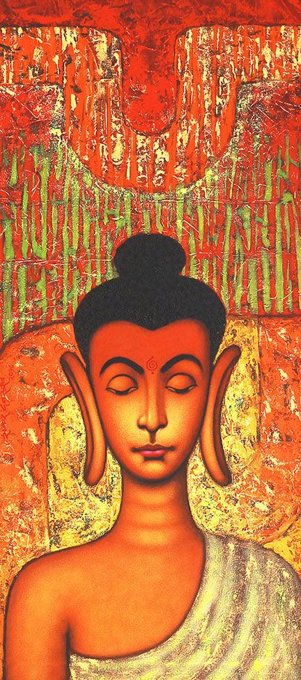 Religious acrylic painting titled 'Buddha', 48x22 inches, by artist Shankar Devarukhe on Canvas