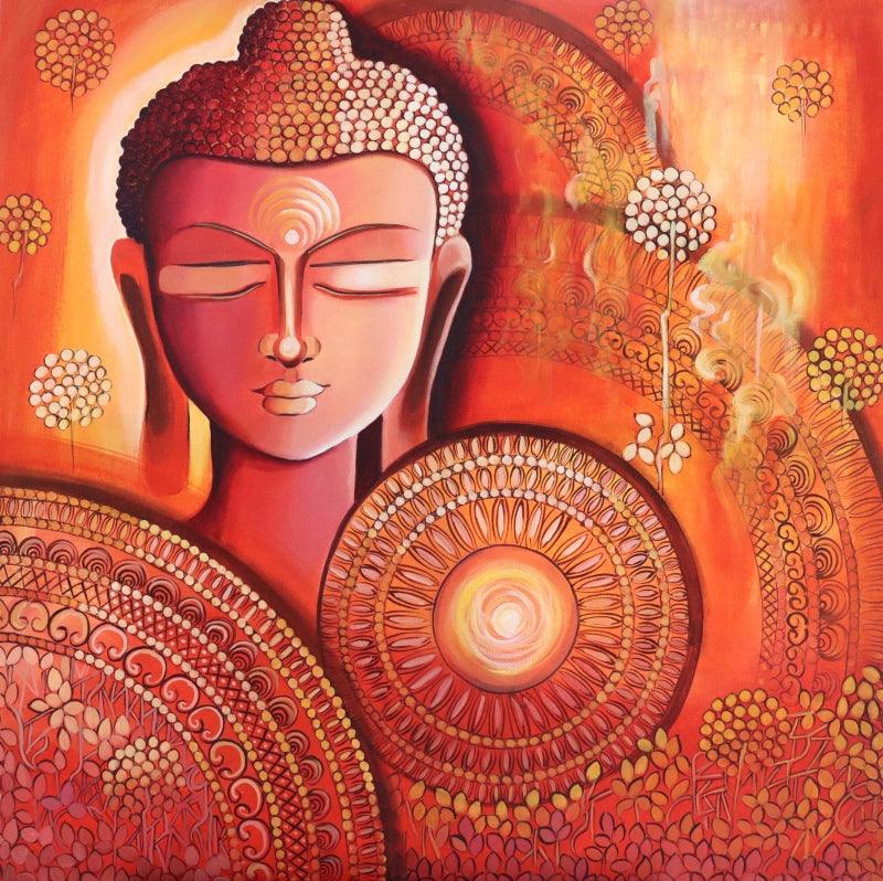 Religious acrylic painting titled 'Buddha Awakening Consciousness', 30x30 inches, by artist NITU CHHAJER on canvas