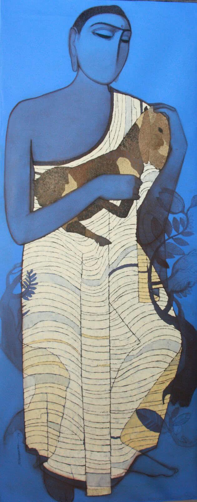 Figurative acrylic painting titled 'Buddha I', 60x24 inches, by artist Siddharth Shingade on Canvas