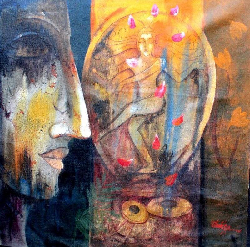 Figurative mixed media painting titled 'Buddha Ii', 20x20 inches, by artist Ram Onkar on Canvas