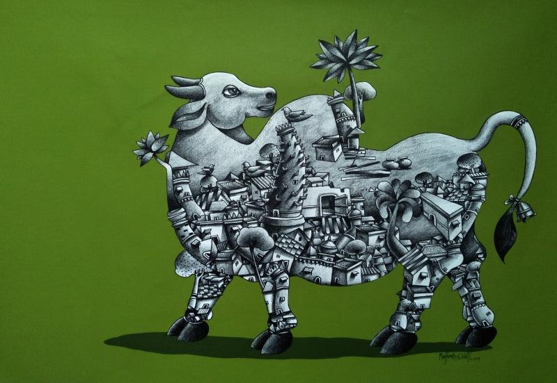 Animals mixed media painting titled 'Bull 1', 26x36 inches, by artist Manjunath Wali on Canvas
