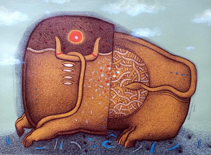 Animals mixed media painting titled 'Bull 1', 8x12 inches, by artist Mohammed Suleman on Canson Paper