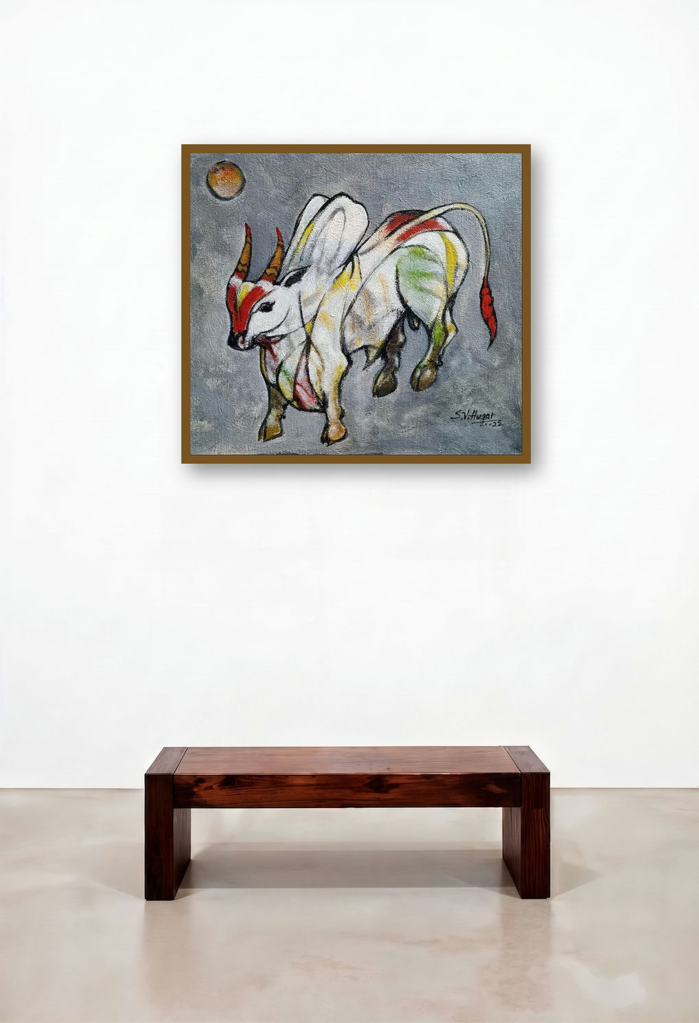 Bull 12 (Celestial Charge**) by artist Shivu Hugar displayed in a Boutique Hotel Style Bedroom