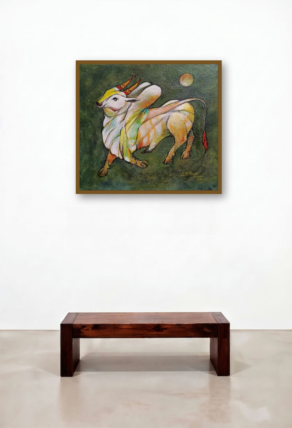 Bull 13 (Celestial Charge**) by artist Shivu Hugar displayed in a Eclectic Home Office