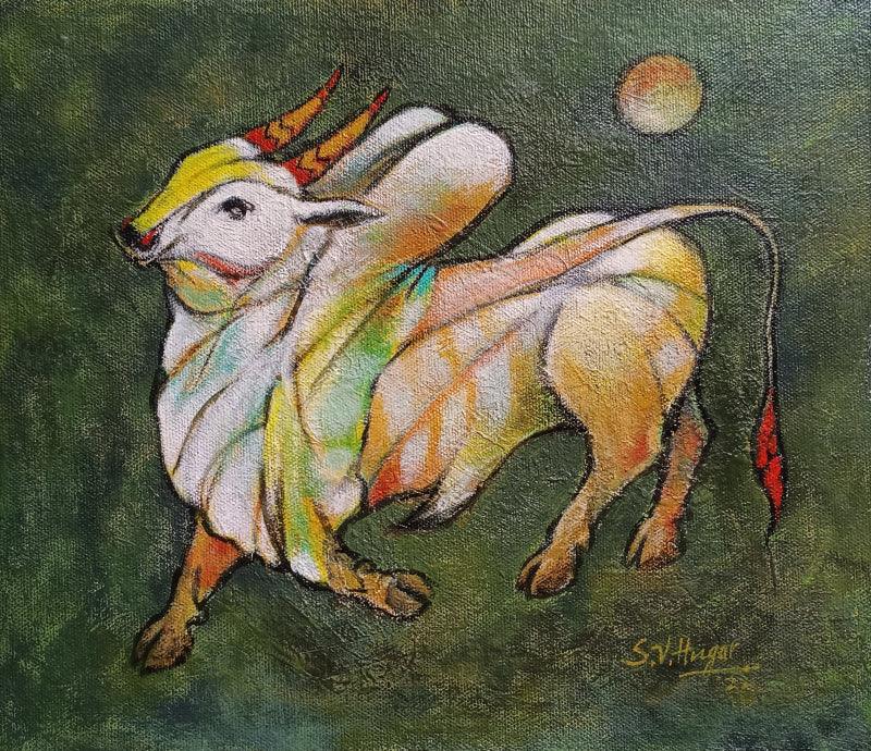 Animals acrylic painting titled 'Bull 13', 10x11 inches, by artist Shivu Hugar on Board