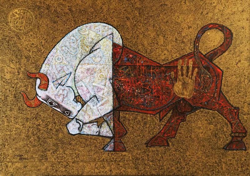 Animals acrylic painting titled 'Bull 15', 30x42 inches, by artist Dinkar Jadhav on Canvas