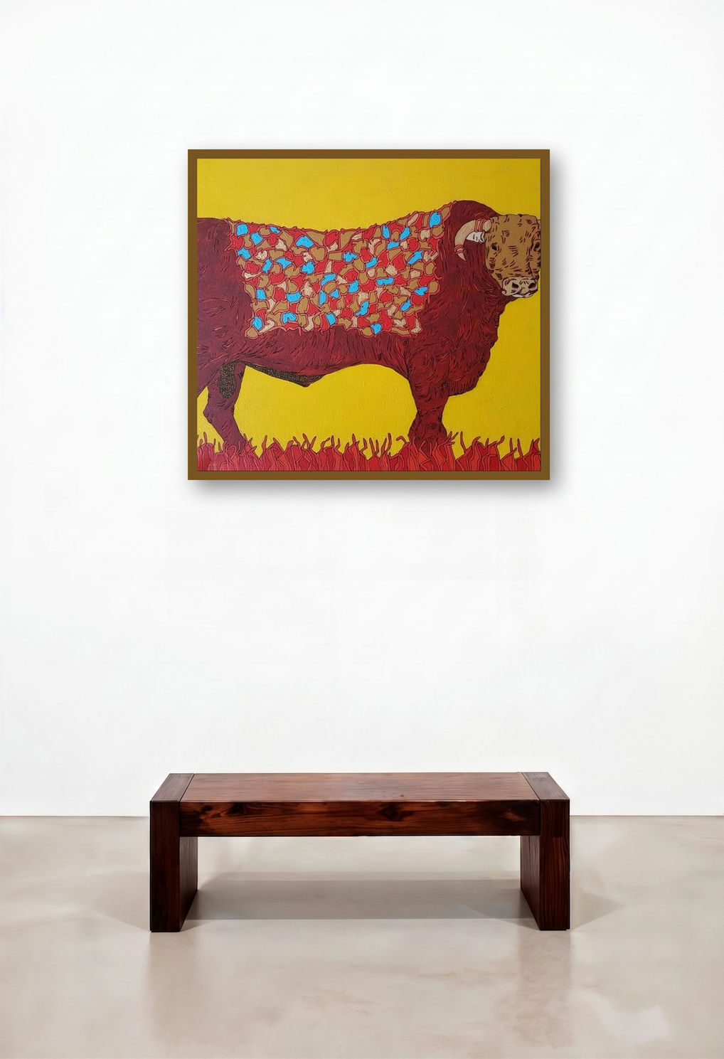 Bull 2 (The Crimson Bull) by artist Rama Krishna V displayed in a Scandinavian Home Office