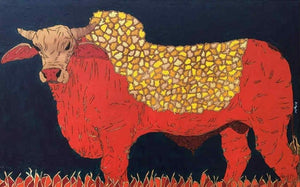 Bull 2 (The Majestic Beast) by Rama Krishna V, Original Acrylic Animal Painting on Canvas, Medium Horizontal Wall Art